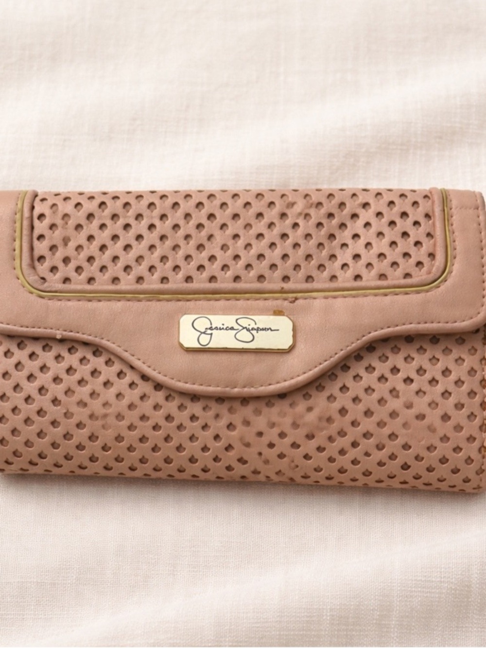 Jessica Simpson Tan Perforated Flap Wallet with Gold Logo